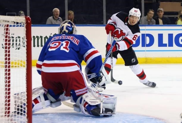 Igor Shesterkin of the New York Rangers braces for a first period shot by Jesper Bratt of the New Jersey Devils during a preseason game at Madison...