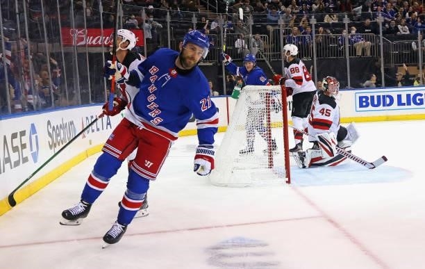 Barclay Goodrow of the New York Rangers celebrates his second period goal against Jonathan Bernier of the New Jersey Devils during a preseason game...