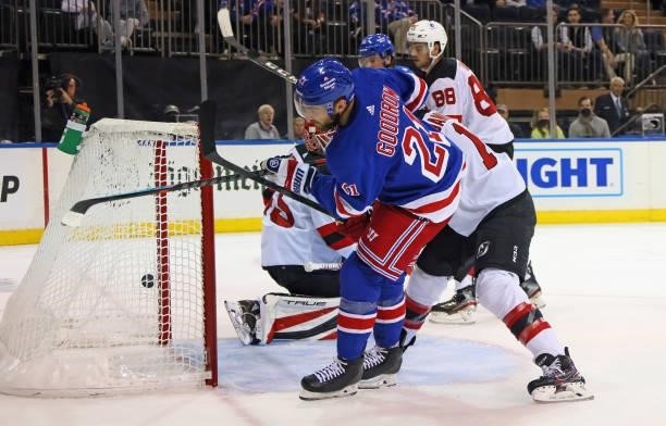 Barclay Goodrow of the New York Rangers scores a second period goal against Jonathan Bernier of the New Jersey Devils during a preseason game at...