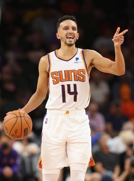 Landry Shamet of the Phoenix Suns handles the ball during the first half of the NBA preseason game against the Los Angeles Lakers at Footprint Center...