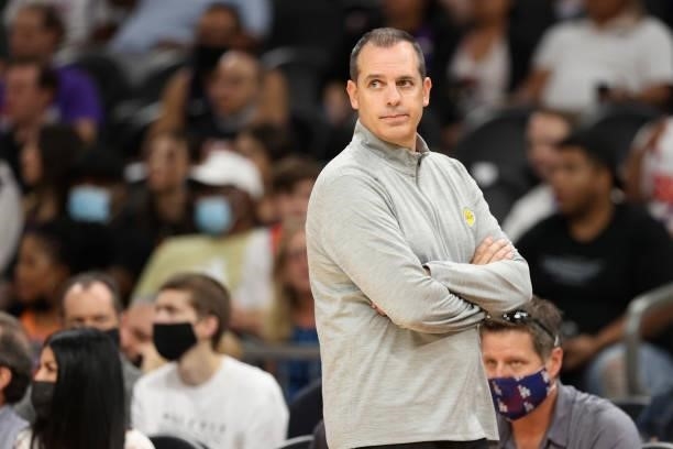 Head coach Frank Vogel of the Los Angeles Lakers reacts during the second half of the NBA preseason game against the Phoenix Suns at Footprint Center...