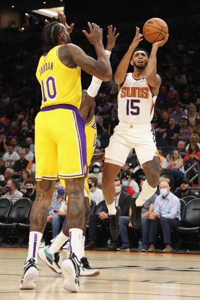 Cameron Payne of the Phoenix Suns attempts a shot against DeAndre Jordan of the Los Angeles Lakers during the second half of the NBA preseason game...