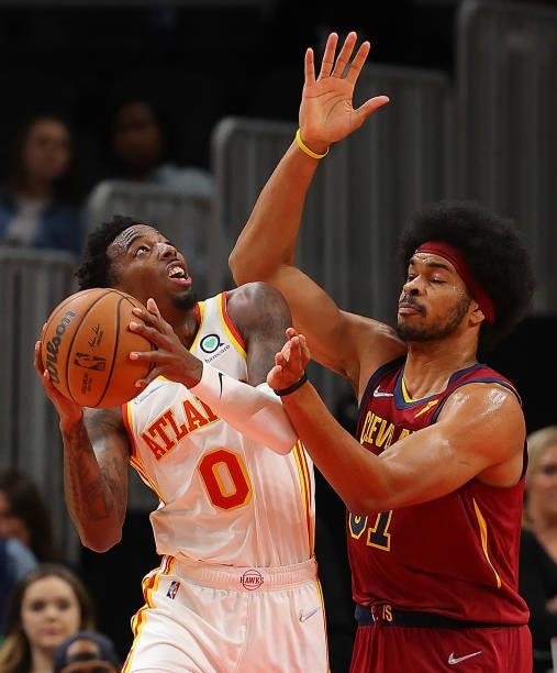 Brandon Goodwin of the Atlanta Hawks looks to shoot against Jarrett Allen of the Cleveland Cavaliers during the first half at State Farm Arena on...