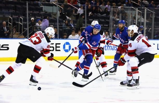 Kaapo Kakko of the New York Rangers takes the second period shot against the New Jersey Devils during a preseason game at Madison Square Garden on...