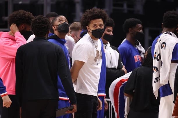 Cade Cunningham of the Detroit Pistons during a time out while playing the San Antonio Spurs in a preseason game at Little Caesars Arena on October...