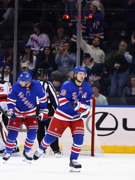 Artemi Panarin of the New York Rangers celebrates his third period goal against the New Jersey Devils during a preseason game at Madison Square...