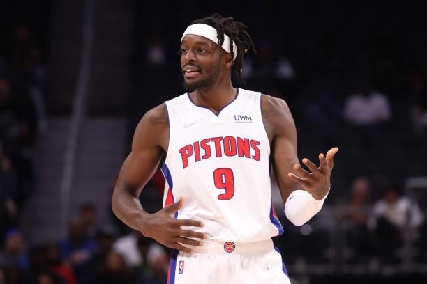 Jerami Grant of the Detroit Pistons reacts during a preseason game against the San Antonio Spurs at Little Caesars Arena on October 06, 2021 in...