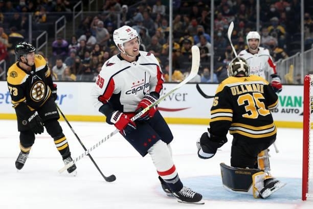 Anthony Mantha of the Washington Capitals celebrates after scoring the game winning goal against the Boston Bruins during overtime of the preseason...