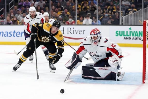 Vitek Vanecek of the Washington Capitals tends net during the third period of the preseason game against the Boston Bruins at TD Garden on October...