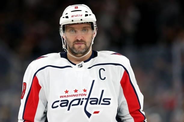 Alex Ovechkin of the Washington Capitals looks on during the first period of the preseason game against the Boston Bruins at TD Garden on October 06,...