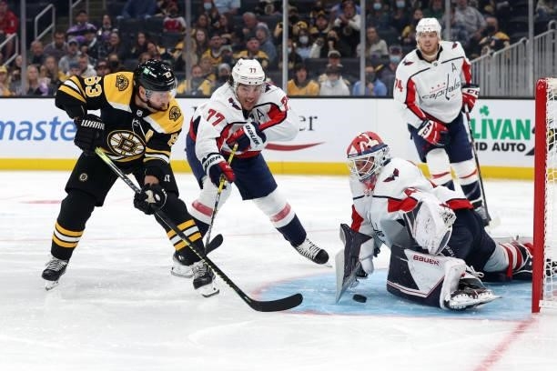Vitek Vanecek of the Washington Capitals saves a shot from Brad Marchand of the Boston Bruins during the third period of the preseason game at TD...
