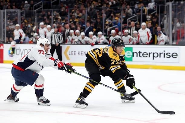 Conor Sheary of the Washington Capitals defends Charlie McAvoy of the Boston Bruins during the first period of the preseason game at TD Garden on...