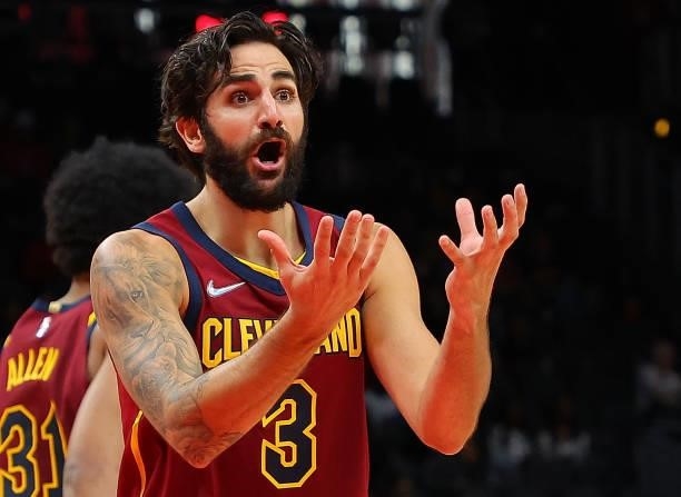 Ricky Rubio of the Cleveland Cavaliers reacts after drawing his fifth foul against the Atlanta Hawks during the second half at State Farm Arena on...