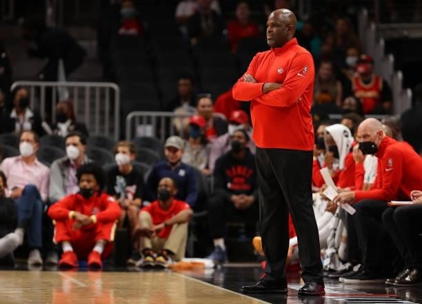 Head coach Nate McMillan of the Atlanta Hawks looks on against the Cleveland Cavaliers during the first half at State Farm Arena on October 06, 2021...