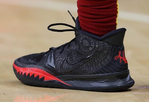 The shoes worn by Collin Sexton of the Cleveland Cavaliers are seen against the Atlanta Hawks during the first half at State Farm Arena on October...