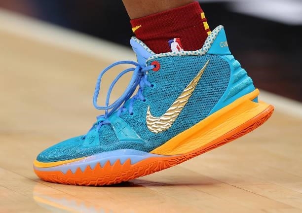 The shoes worn by Darius Garland of the Cleveland Cavaliers are seen against the Atlanta Hawks during the first half at State Farm Arena on October...