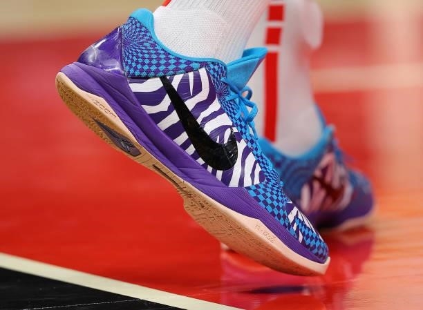 The shoes worn by Gorgui Dieng of the Atlanta Hawks are seen against the Cleveland Cavaliers during the first half at State Farm Arena on October 06,...
