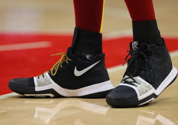 The shoes worn by Jarrett Allen of the Cleveland Cavaliers are seen against the Atlanta Hawks during the first half at State Farm Arena on October...