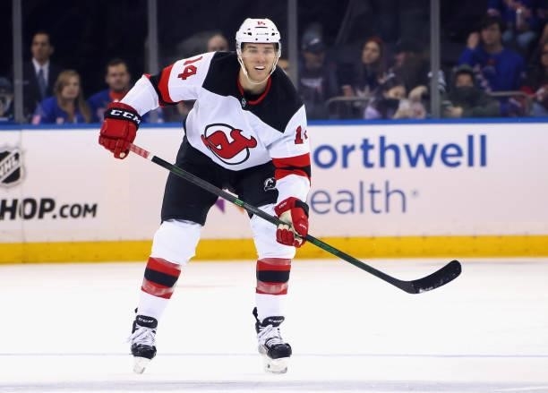 Mark Jankowski of the New Jersey Devils skates against the New York Rangers during a preseason game at Madison Square Garden on October 06, 2021 in...