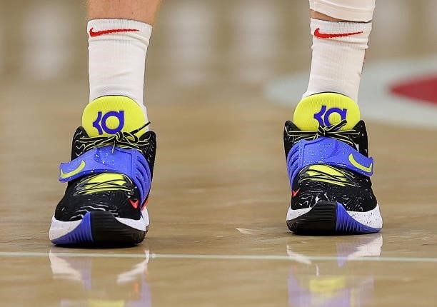 The shoes worn by Kevin Huerter of the Atlanta Hawks are seen against the Cleveland Cavaliers during the first half at State Farm Arena on October...