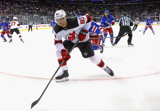 Christian Jaros of the New Jersey Devils against the New York Rangers during a preseason game at Madison Square Garden on October 06, 2021 in New...