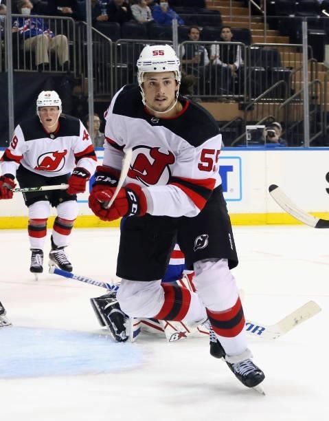 Mason Geertsen of the New Jersey Devils skates against the New York Rangers during a preseason game at Madison Square Garden on October 06, 2021 in...