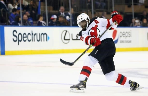 Subban of the New Jersey Devils skates against the New York Rangers during a preseason game at Madison Square Garden on October 06, 2021 in New York...