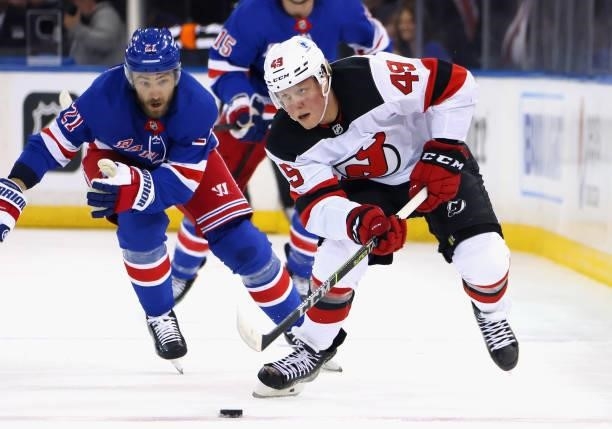 Fabian Zetterlund of the New Jersey Devils skates against the New York Rangers during a preseason game at Madison Square Garden on October 06, 2021...