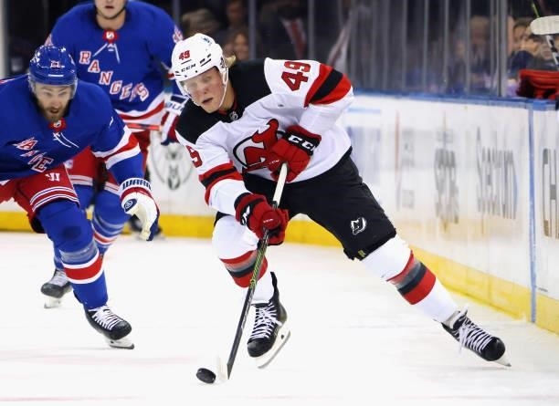 Fabian Zetterlund of the New Jersey Devils skates against the New York Rangers during a preseason game at Madison Square Garden on October 06, 2021...