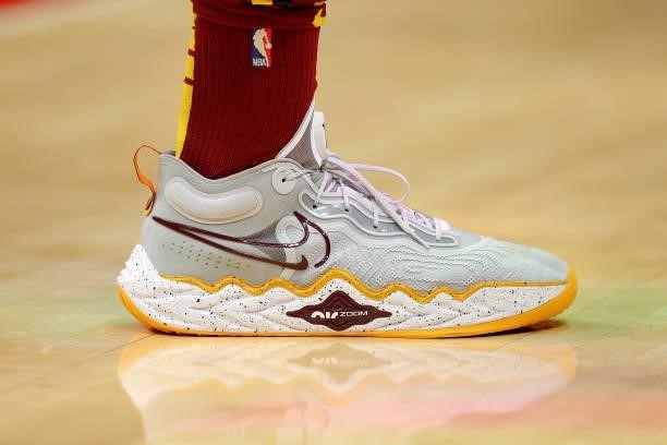 The shoes worn by Kevin Love of the Cleveland Cavaliers are seen against the Atlanta Hawks during the first half at State Farm Arena on October 06,...