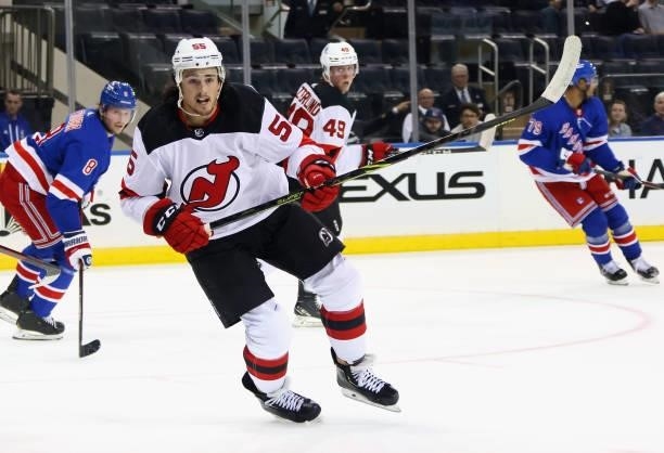 Mason Geertsen of the New Jersey Devils skates against the New York Rangers during a preseason game at Madison Square Garden on October 06, 2021 in...
