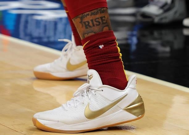 The shoes worn by Lamar Stevens of the Cleveland Cavaliers are seen against the Atlanta Hawks during the first half at State Farm Arena on October...