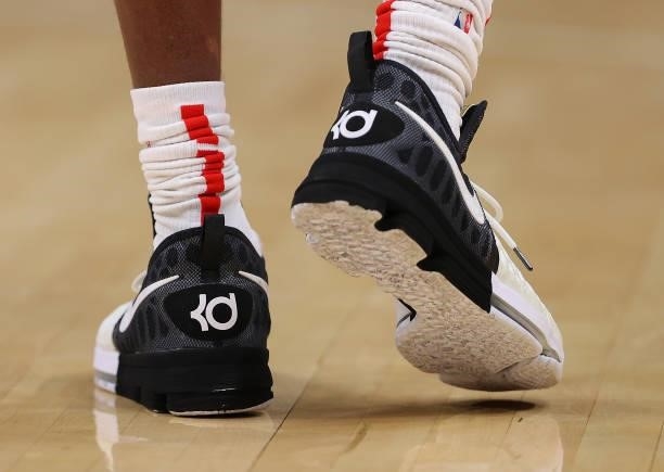 The shoes worn by Cam Reddish of the Atlanta Hawks are seen against the Cleveland Cavaliers during the first half at State Farm Arena on October 06,...