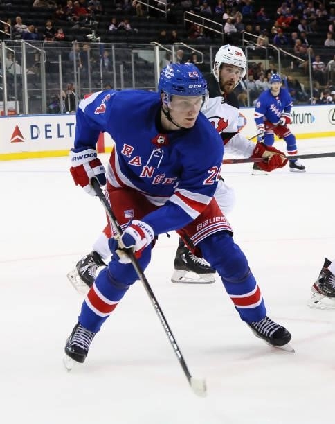 Kaapo Kakko of the New York Rangers skates against the New Jersey Devils during a preseason game at Madison Square Garden on October 06, 2021 in New...