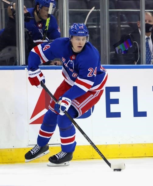 Kaapo Kakko of the New York Rangers skates against the New Jersey Devils during a preseason game at Madison Square Garden on October 06, 2021 in New...