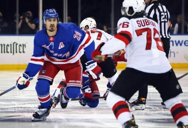 Chris Kreider of the New York Rangers skates against the New Jersey Devils during a preseason game at Madison Square Garden on October 06, 2021 in...