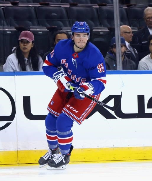 Sammy Blais of the New York Rangers skates against the New Jersey Devils during a preseason game at Madison Square Garden on October 06, 2021 in New...