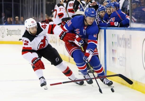 Sammy Blais of the New York Rangers skates against the New Jersey Devils during a preseason game at Madison Square Garden on October 06, 2021 in New...