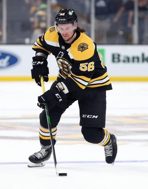 Erik Haula of the Boston Bruins skates against the Washington Capitals during a practice shootout following the preseason game between the Boston...