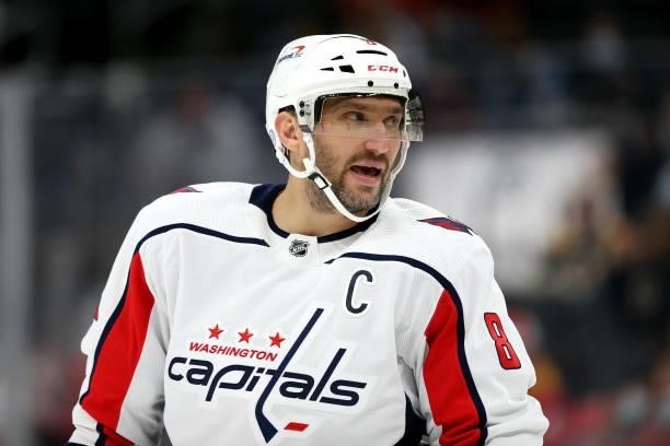 Alex Ovechkin of the Washington Capitals looks on during the first period of the preseason game against the Boston Bruins at TD Garden on October 06,...