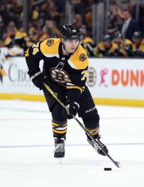 Jake DeBrusk of the Boston Bruins skates against the Washington Capitals during a practice shootout following the preseason game at TD Garden on...