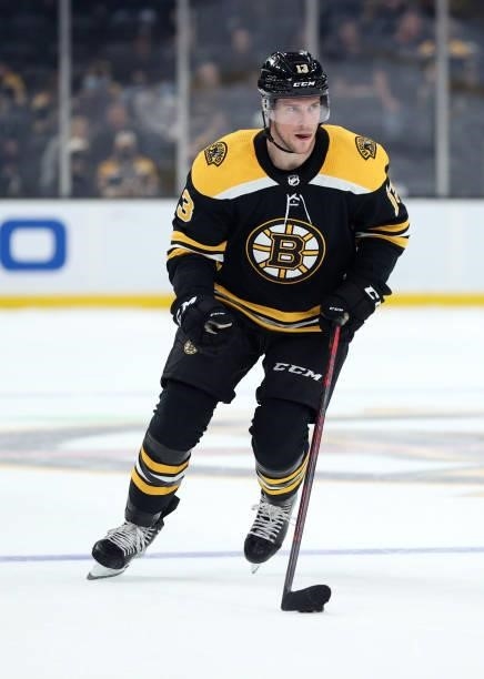 Charlie Coyle of the Boston Bruins skates against the Washington Capitals during a practice shootout following the preseason game at TD Garden on...