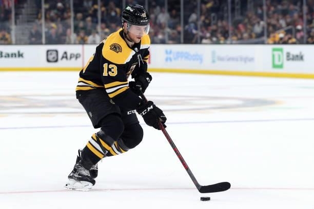 Charlie Coyle of the Boston Bruins skates against the Washington Capitals during a practice shootout following the preseason game at TD Garden on...