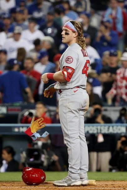 Harrison Bader of the St. Louis Cardinals reacts after striking out to end the top of the eighth inning during the National League Wild Card Game at...