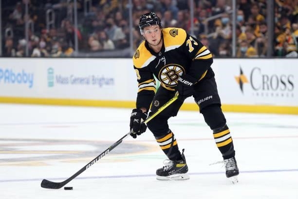 Charlie McAvoy of the Boston Bruins skates against the Washington Capitals during the third period of the preseason game at TD Garden on October 06,...