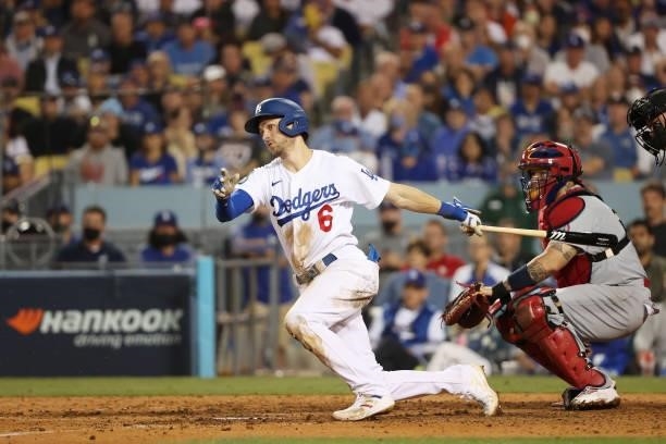Trea Turner of the Los Angeles Dodgers bats in the eighth inning against the St. Louis Cardinals during the National League Wild Card Game at Dodger...