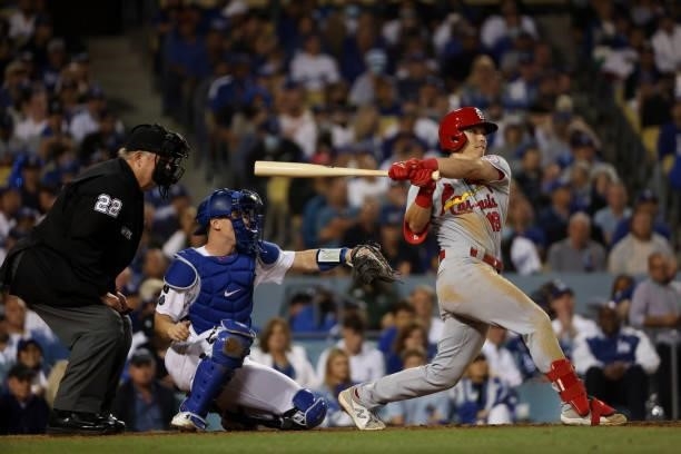 Tommy Edman of the St. Louis Cardinals hits a single in the ninth inning against the Los Angeles Dodgers during the National League Wild Card Game at...