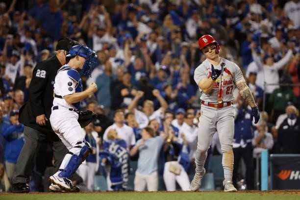 Will Smith of the Los Angeles Dodgers celebrates as Tyler O'Neill of the St. Louis Cardinals strikes out to end the top of the ninth inning during...