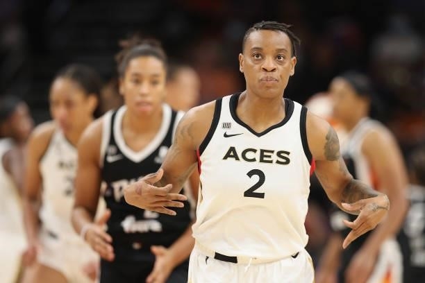 Riquna Williams of the Las Vegas Aces celebrates after a three-point shot against the Phoenix Mercury during the second half in Game Four of the 2021...