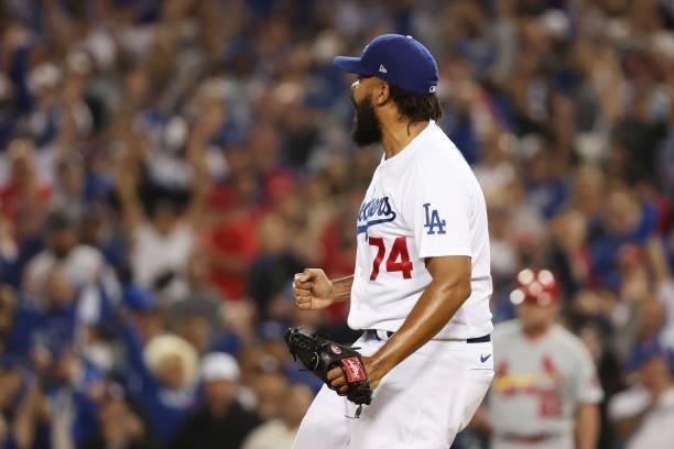 Kenley Jansen of the Los Angeles Dodgers reacts at the end of the top of the ninth inning against the St. Louis Cardinals during the National League...